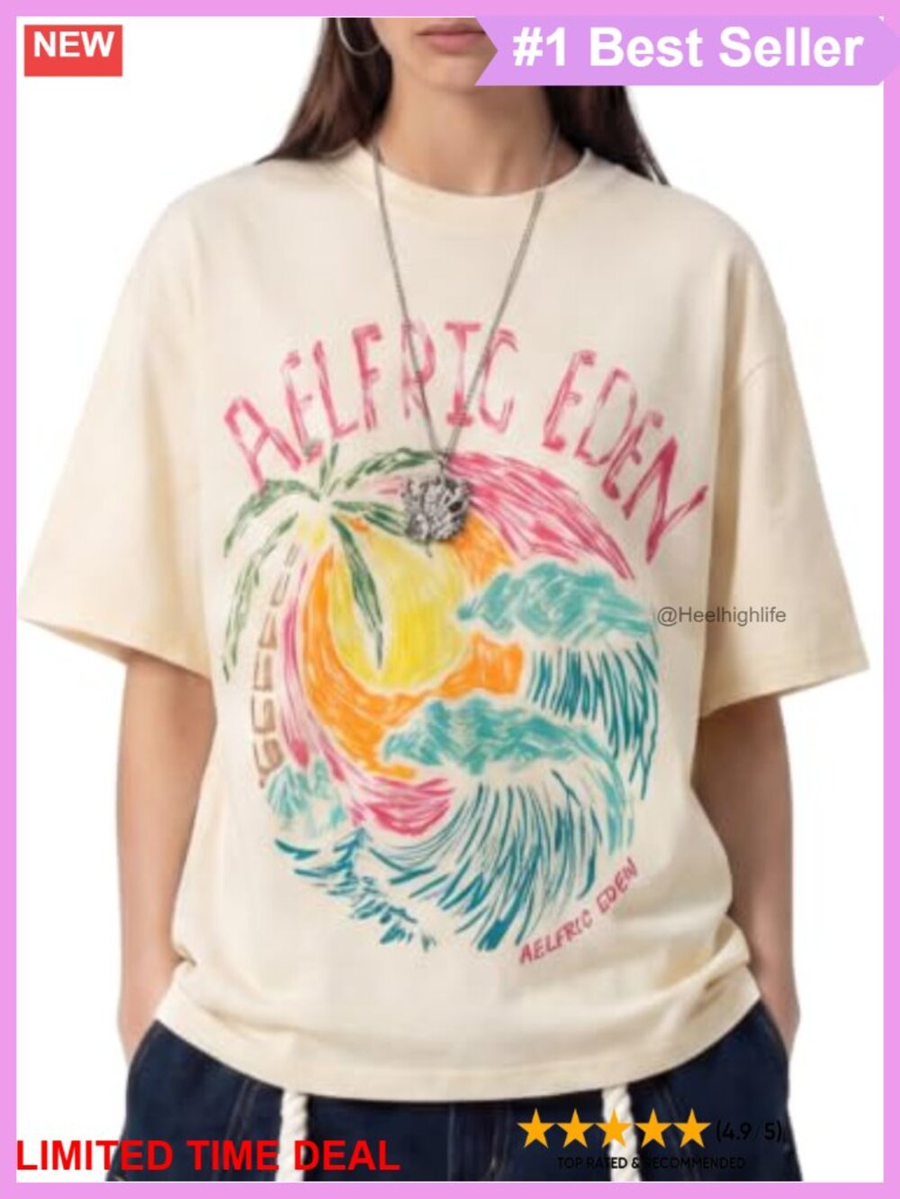 Oversized Cotton Short Sleeve T-Shirt Sunset Palm Graphic Tee